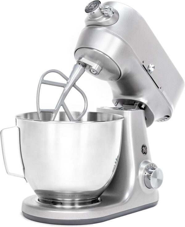 GE Tilt-Head Electric Stand Mixer | 7-Speed, 350-Watt Motor | Includes 5.3-Quart Bowl, Flat Beater, Dough Hook, Wire Whisk & Pouring Shield | Countertop Kitchen Essentials | Granite Gray - Image 2