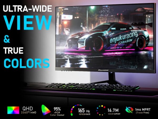 27 Inch QHD Gaming Monitor 144Hz/165Hz, 2560 x 1440p PC Monitor with 1ms, FreeSync G-Sync Compatible, HDMI DisplayPorts, Eye Care Frameless HDR Display with Speakers and Rainbow Lights, VESA - Image 3