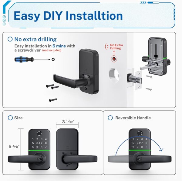 Keypad Smart Door Lock with Handle: Kucacci Keyless Entry Door Lock - Digtal Door Lock with Keypad Code - Fingerprint Door Lever Lock Deadbolt Alternative - IP66 Waterproof Smart Lock for Front Door - Image 7