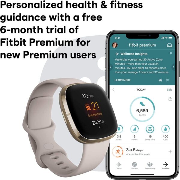 Fitbit Sense Health & Fitness Smartwatch W/GPS, Bluetooth Call/Text, Heart Rate SpO2, ECG, Skin Temperature & Stress Sensing (S & L Bands, 90 Day Premium Included) International Version (White/Gold) - Image 7