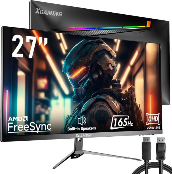 27 Inch QHD Gaming Monitor 144Hz/165Hz, 2560 x 1440p PC Monitor with 1ms, FreeSync G-Sync Compatible, HDMI DisplayPorts, Eye Care Frameless HDR Display with Speakers and Rainbow Lights, VESA - Image 2