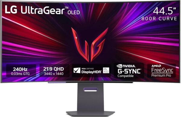 LG 45GS95QE 45-inch Ultragear OLED Curved Gaming Monitor WQHD 800R 240Hz 0.03ms DisplayHDR True Black 400 AMD FreeSync Premium Pro NVIDIA G-Sync HDMI 2.1 DisplayPort Tilt/Height/Swivel Stand Black - Image 2