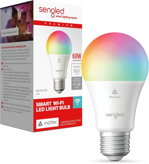 Sengled LED Smart Light Bulb (A19), Matter-Enabled, Multicolor, Works with Alexa, 60W Equivalent, 800LM, Instant Pairing, 2.4 GHz, Wi-Fi, 1-Pack - Image 2