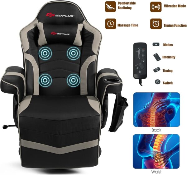 POWERSTONE Gaming Recliner Massage Gaming Chair with Footrest Ergonomic PU Leather Single Sofa with Cup Holder Headrest and Side Pouch, Adjustable Living Room Chair Home Theater Seating (Grey) - Image 4