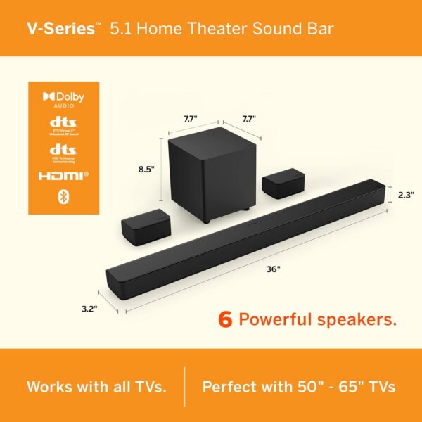 VIZIO V-Series 5.1 Home Theater Sound Bar with Dolby Audio, Bluetooth, Wireless Subwoofer, Voice Assistant Compatible, Includes Remote Control - V51x-J6 - Image 3