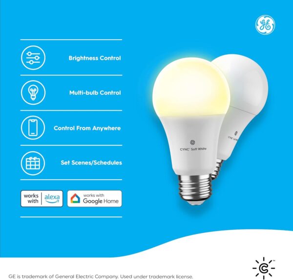 GE CYNC A19 Smart LED Light Bulbs, Soft White, Bluetooth and WiFi Light Bulbs, 60W Equivalent, Work with Amazon Alexa and Google Home (4 Pack) - Image 3