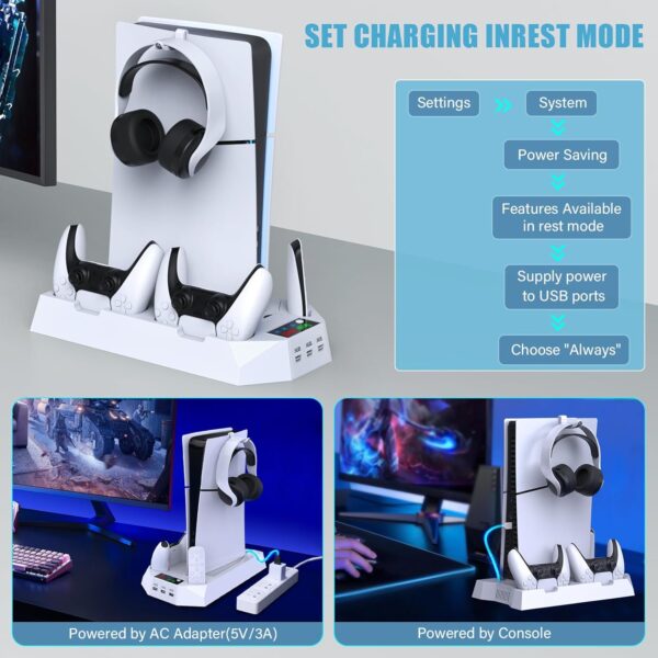 PS5 / PS5 Slim Stand and Cooling Station with Dual Controller Charging Station for PlayStation 5 Console, PS5 Accessories Incl. Controller Charger, Cooling Fan, Headset Holder, 3 USB Hub, Screw-White - Image 9