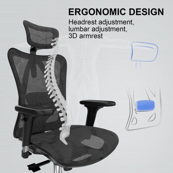 SIHOO M57 Ergonomic Office Chair with 3 Way Armrests Lumbar Support and Adjustable Headrest High Back Tilt Function Black - Image 7