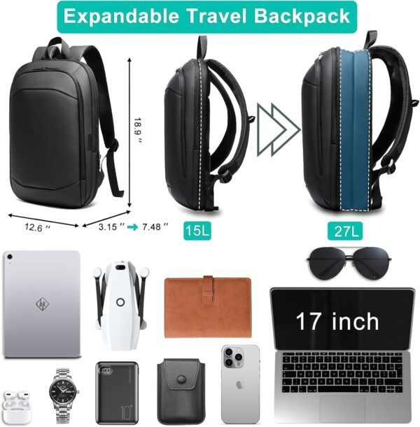 Business Backpack for Men 17 Inch,Slim & Expandable Waterproof Travel Laptop Backpack with USB Charger Port,Anti-Theft Lightweight Large Work Computer Bag,College Laptop Backpacks Gifts for Men Women - Image 4