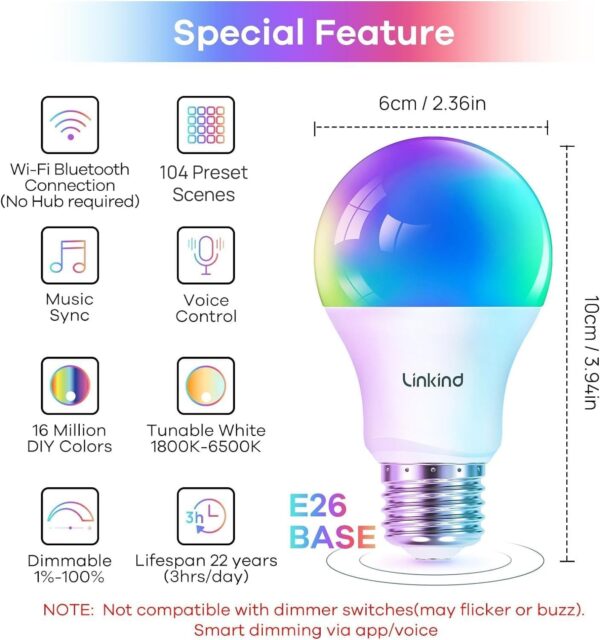 Linkind Smart Light Bulbs, Smart Bulb That Work with Alexa & Google Home, LED Light Bulbs Color Changing, 64 Preset Scenes, Music Sync, A19 E26 2.4GHz RGBTW WiFi Bluetooth Light Bulb 60W, 800LM, 4Pack - Image 3