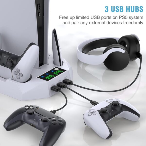 PS5 / PS5 Slim Stand and Cooling Station with Dual Controller Charging Station for PlayStation 5 Console, PS5 Accessories Incl. Controller Charger, Cooling Fan, Headset Holder, 3 USB Hub, Screw-White - Image 6