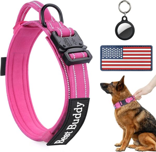 AUBELL Reflective Dog Collar, Tactical Dog Collar Adjustable Military Nylon K9 Collars with Handle and Heavy Duty Metal Buckle for Medium Large Dogs, with 2 Patches and Airtag Case Holder (Pink, M) - Image 2