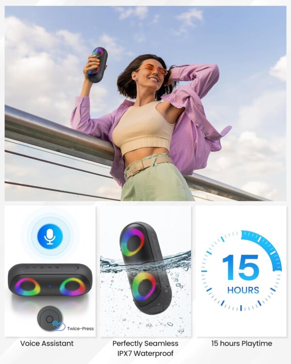 Bluetooth Speakers with Light, 30W Portable Bluetooth Wireless(100FT Range) Loud Stereo Sound, IPX7 Waterproof Shower Speakers, RGB Multi-Colors Rhythm Lights, 1000mins Playtime for Indoor&Outdoor - Image 5