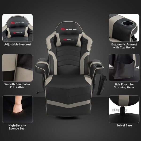 POWERSTONE Gaming Recliner Massage Gaming Chair with Footrest Ergonomic PU Leather Single Sofa with Cup Holder Headrest and Side Pouch, Adjustable Living Room Chair Home Theater Seating (Grey) - Image 6