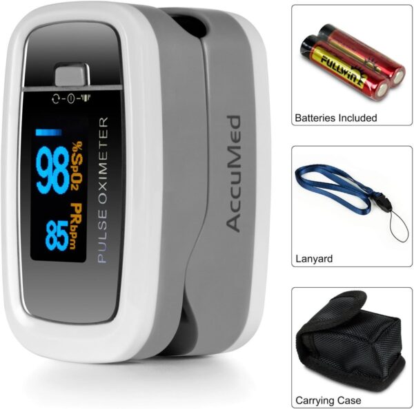 AccuMed CMS-50D1 Fingertip Pulse Oximeter Blood Oxygen Sensor SpO2 for Sports and Aviation. Portable and Lightweight with LED Display, 2 AAA Batteries, Lanyard and Travel Case (White) - Image 4