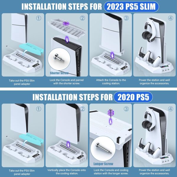 PS5 / PS5 Slim Stand and Cooling Station with Dual Controller Charging Station for PlayStation 5 Console, PS5 Accessories Incl. Controller Charger, Cooling Fan, Headset Holder, 3 USB Hub, Screw-White - Image 8