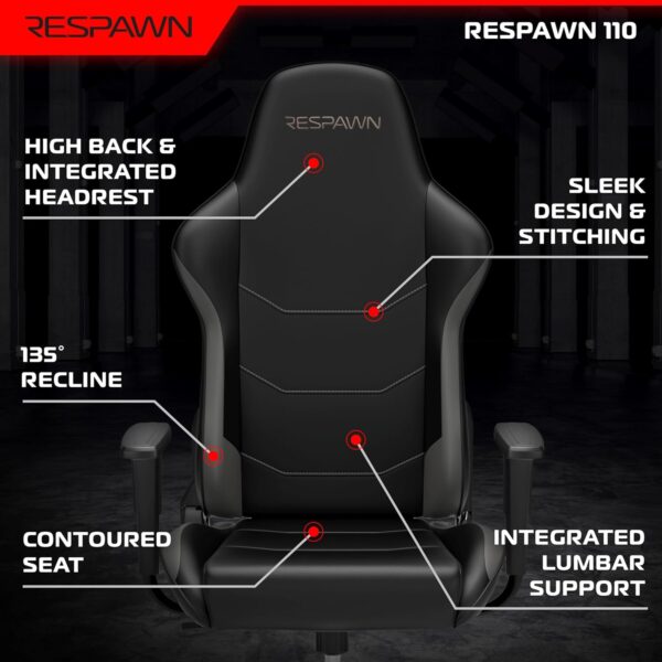 RESPAWN 110 Gaming Chair - Gamer Chair PC Computer Chair, Ergonomic Gaming Chairs, Office Chair with Integrated Headrest, Gaming Chair for Adults 135 Degree Recline with Angle Lock - Gray - Image 8