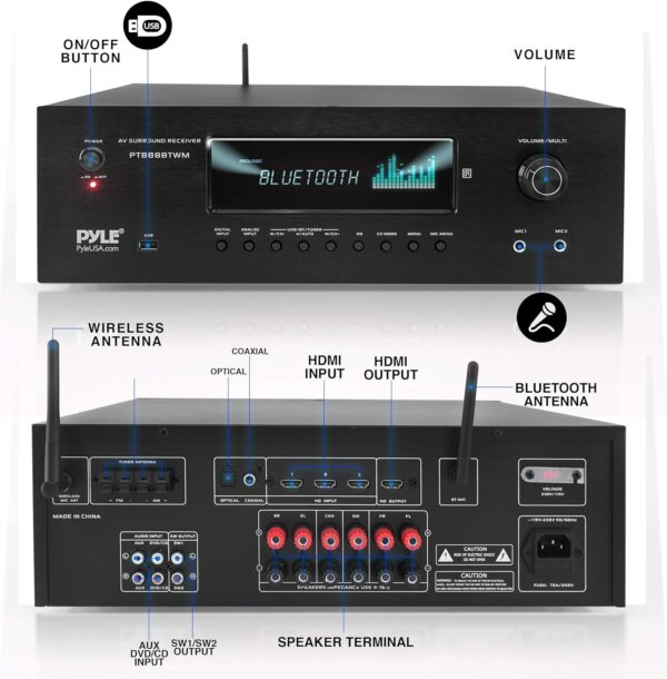 Pyle 1000W Bluetooth Home Theater Karaoke Receiver - 5.2-Ch Stereo Amplifier 2 UHF Wireless Microphone Video Pass-Through Supports, MP3/USB/HDMI/AM/FM Radio - Pyle PT888BTWM.5 - Image 3