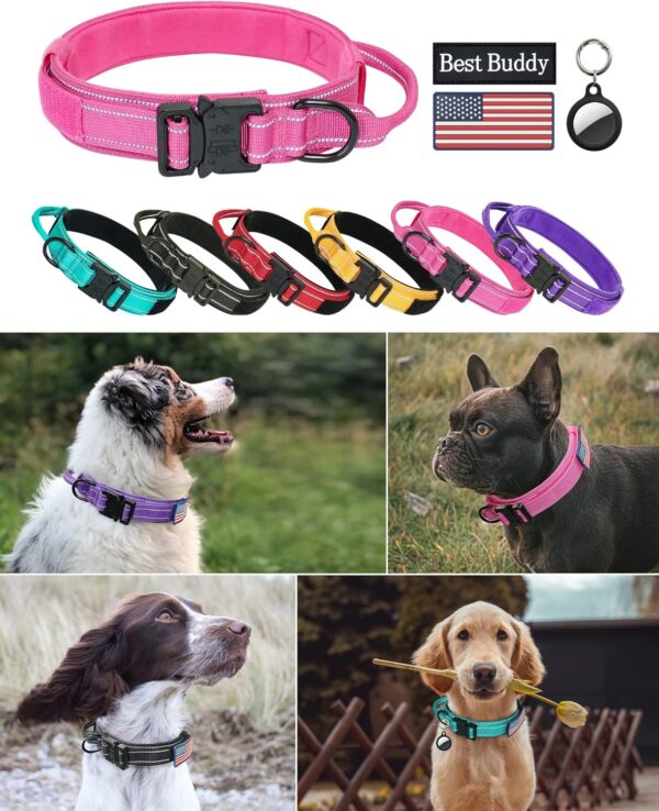 AUBELL Reflective Dog Collar, Tactical Dog Collar Adjustable Military Nylon K9 Collars with Handle and Heavy Duty Metal Buckle for Medium Large Dogs, with 2 Patches and Airtag Case Holder (Pink, M) - Image 7