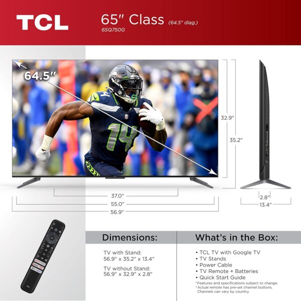 TCL 65-Inch Q7 QLED 4K Smart Google TV (65Q750G) 2023 Model with Dolby Vision & Atmos, HDR Ultra, 120Hz, Game Accelerator up to 240Hz, Voice Remote - Image 3