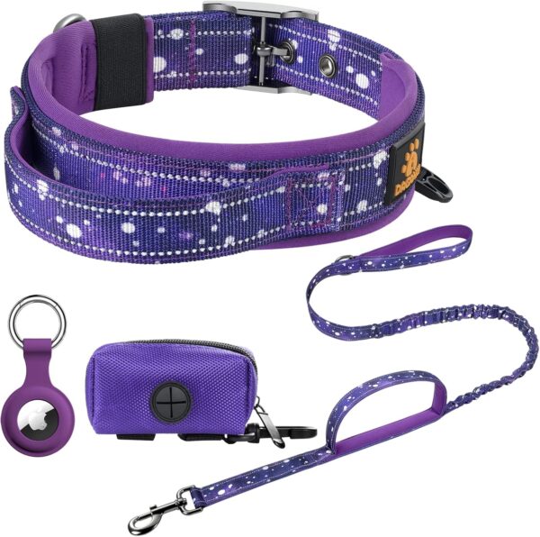 DAGANXI Dog Collar Adjustable Soft Neoprene Padded Breathable Reflective Strip Nylon Collar for Small Medium Large Dogs, with Airtags Case and Dog Poop Bags Dispenser (Large, Sky/Purple-Set) - Image 2