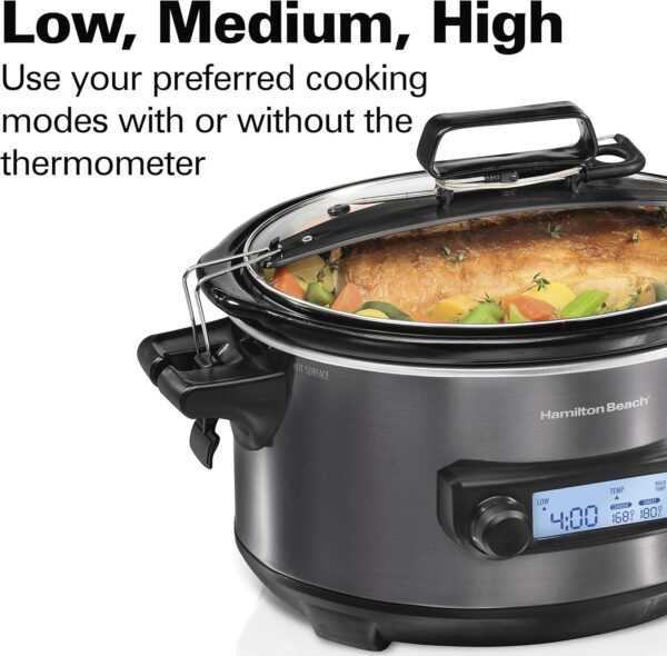 Hamilton Beach Portable 6 Quart Set & Forget Digital Programmable Slow Cooker with Lid Lock, Temperature Probe, Dishwasher Safe Crock & Lid, Black Stainless (33866) - Image 9