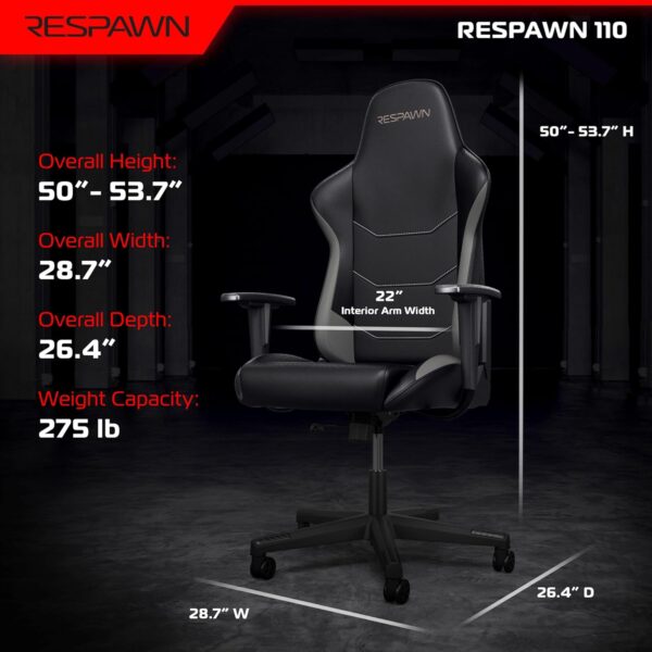 RESPAWN 110 Gaming Chair - Gamer Chair PC Computer Chair, Ergonomic Gaming Chairs, Office Chair with Integrated Headrest, Gaming Chair for Adults 135 Degree Recline with Angle Lock - Gray - Image 3