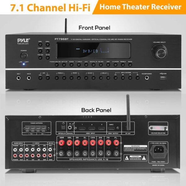 Pyle 7.1-Channel Hi-Fi Bluetooth Stereo Amplifier - 2000 Watt AV Home Theater Speaker Subwoofer Surround Sound Receiver w/ Radio, USB, RCA, HDMI, MIC IN, Supports 4K UHD TV, 3D, Blu-Ray - PT796BT - Image 3