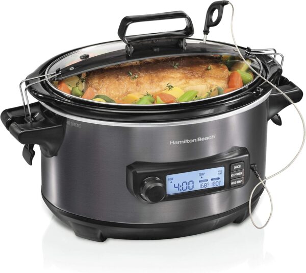 Hamilton Beach Portable 6 Quart Set & Forget Digital Programmable Slow Cooker with Lid Lock, Temperature Probe, Dishwasher Safe Crock & Lid, Black Stainless (33866) - Image 2