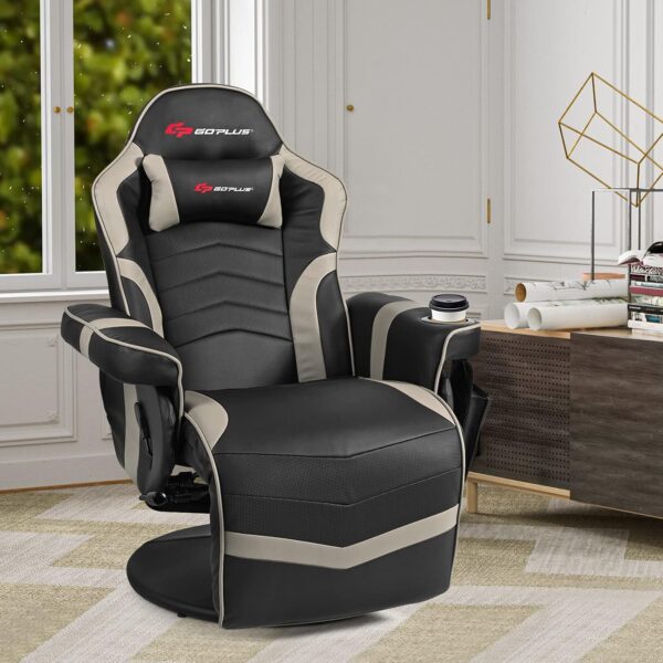 POWERSTONE Gaming Recliner Massage Gaming Chair with Footrest Ergonomic PU Leather Single Sofa with Cup Holder Headrest and Side Pouch, Adjustable Living Room Chair Home Theater Seating (Grey) - Image 2