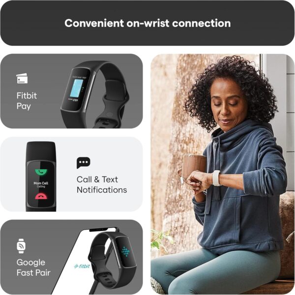 Fitbit Charge 5 Advanced Health & Fitness Tracker with Built-in GPS, Stress Management Tools, Sleep Tracking, 24/7 Heart Rate and More, Black/Graphite, One Size (S &L Bands Included) - Image 7