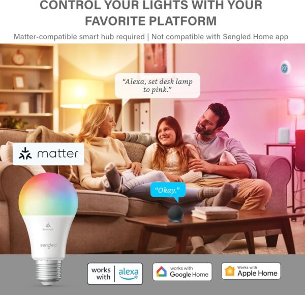 Sengled LED Smart Light Bulb (A19), Matter-Enabled, Multicolor, Works with Alexa, 60W Equivalent, 800LM, Instant Pairing, 2.4 GHz, Wi-Fi, 1-Pack - Image 3