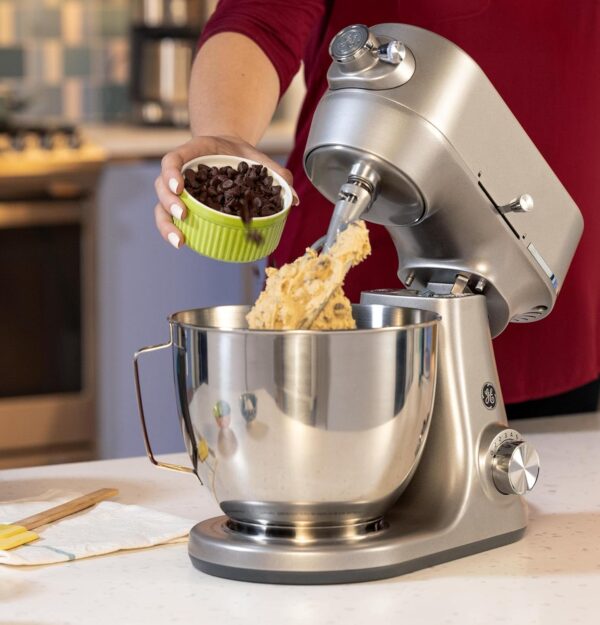 GE Tilt-Head Electric Stand Mixer | 7-Speed, 350-Watt Motor | Includes 5.3-Quart Bowl, Flat Beater, Dough Hook, Wire Whisk & Pouring Shield | Countertop Kitchen Essentials | Granite Gray - Image 8