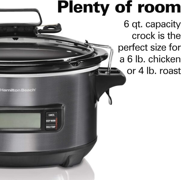 Hamilton Beach Portable 6 Quart Set & Forget Digital Programmable Slow Cooker with Lid Lock, Temperature Probe, Dishwasher Safe Crock & Lid, Black Stainless (33866) - Image 7