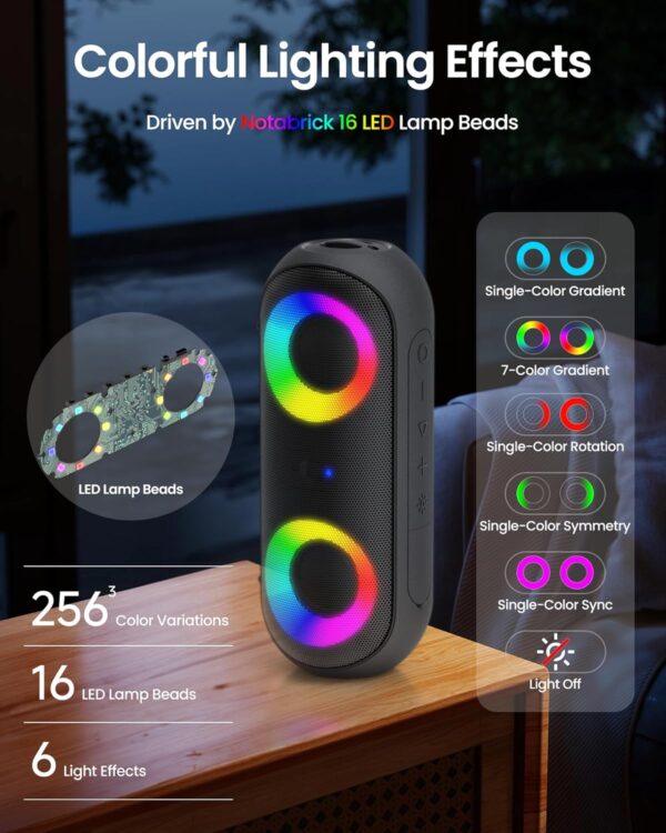 Bluetooth Speakers with Light, 30W Portable Bluetooth Wireless(100FT Range) Loud Stereo Sound, IPX7 Waterproof Shower Speakers, RGB Multi-Colors Rhythm Lights, 1000mins Playtime for Indoor&Outdoor - Image 4