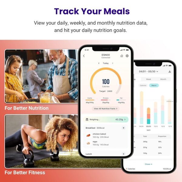 Etekcity Food Nutrition Scale, Smart Food Scale for calorie count, IPX6 Waterproof, Rechargeable, Bluetooth, Ounces and Grams for Weight Loss, Cooking, 304 Stainless Steel, Luminary 22lb - Image 4