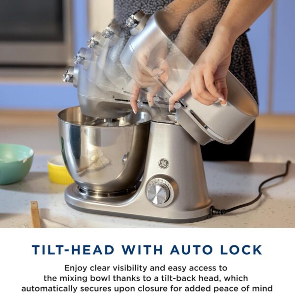 GE Tilt-Head Electric Stand Mixer | 7-Speed, 350-Watt Motor | Includes 5.3-Quart Bowl, Flat Beater, Dough Hook, Wire Whisk & Pouring Shield | Countertop Kitchen Essentials | Granite Gray - Image 7