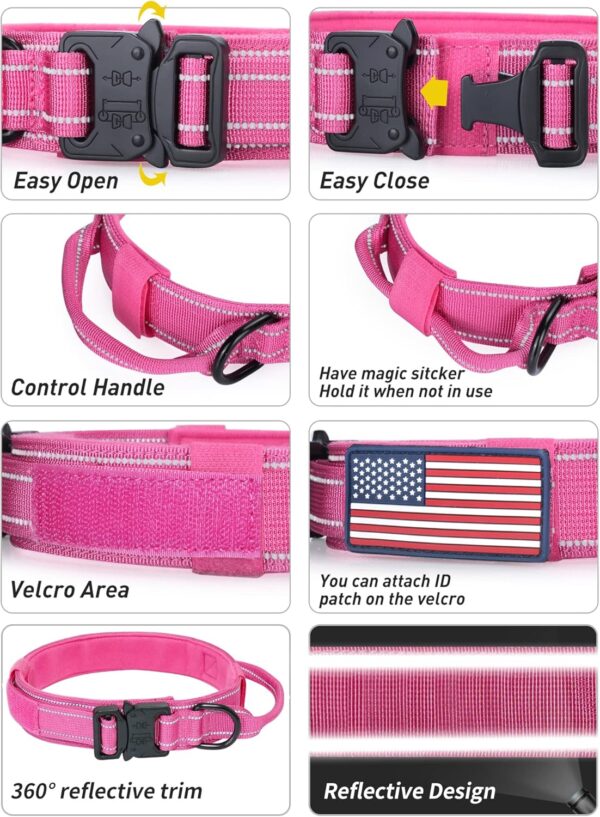 AUBELL Reflective Dog Collar, Tactical Dog Collar Adjustable Military Nylon K9 Collars with Handle and Heavy Duty Metal Buckle for Medium Large Dogs, with 2 Patches and Airtag Case Holder (Pink, M) - Image 5