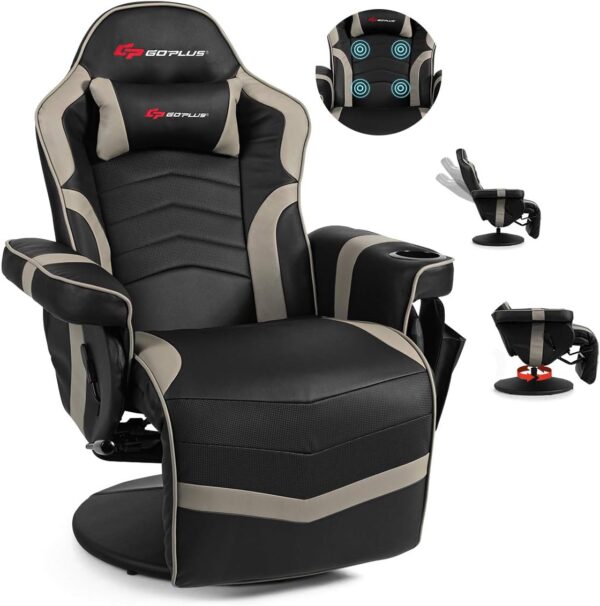 POWERSTONE Gaming Recliner Massage Gaming Chair with Footrest Ergonomic PU Leather Single Sofa with Cup Holder Headrest and Side Pouch, Adjustable Living Room Chair Home Theater Seating (Grey)