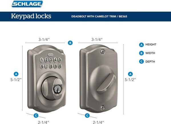 Schlage BE365 CAM 626 Camelot Keypad Deadbolt, Electronic Keyless Entry Lock, Satin Chrome - Image 4