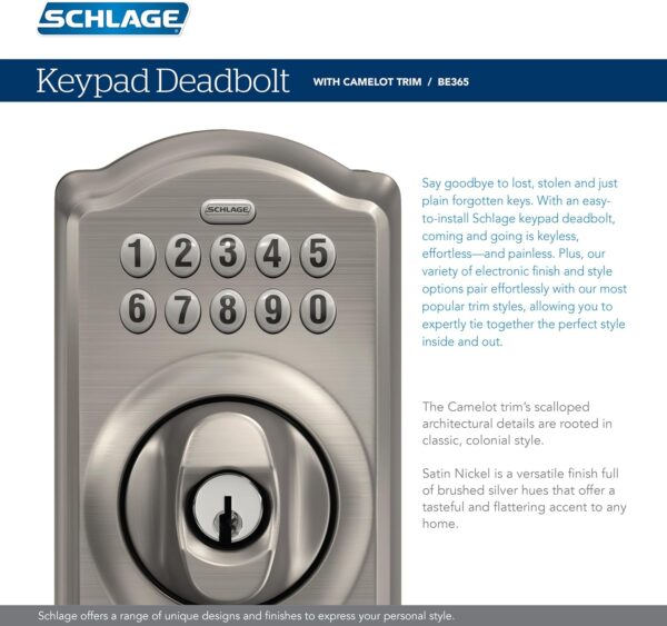 Schlage BE365 CAM 626 Camelot Keypad Deadbolt, Electronic Keyless Entry Lock, Satin Chrome - Image 5