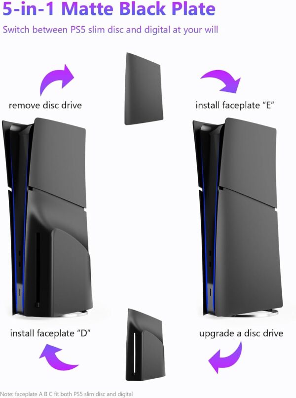 5 in 1 Black Plates for PS5 Slim Disc and Digital Edition, PlayStation 5 Slim Cover Accessories Faceplate, Custom Side Face Panel Shell Replacement for Both PS5 Slim Disc and Digital - Matte Black - Image 3