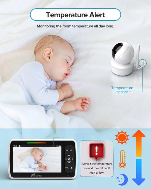 iFamily Baby Monitor - Large 5" Screen with 30Hrs Battery Life - Remote Pan-Tilt-Zoom;No WiFi, Two-Way Audio, Night Vision, Temperature, Lullabies, 960ft Long Range Baby Monitor with Camera and Audio - Image 6