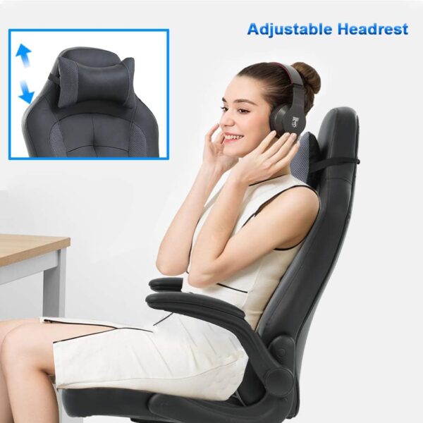 BestOffice PC Gaming Chair Ergonomic Office Chair Desk Chair with Lumbar Support Flip Up Arms Headrest PU Leather Executive High Back Computer Chair for Adults Women Men (Grey) - Image 5