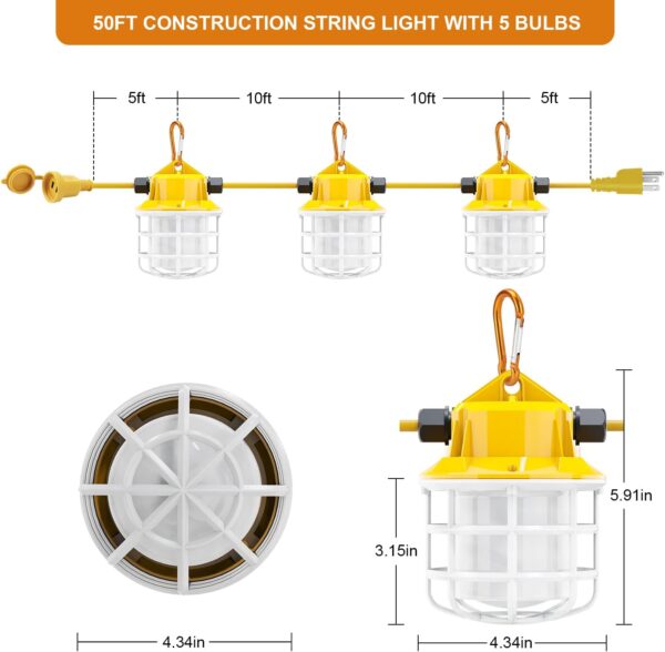 50ft LED Construction String Lights, 75W 7500LM Super Bright LED String Work Lights, Construction Temporary Lights (50ft-5lights) - Image 3