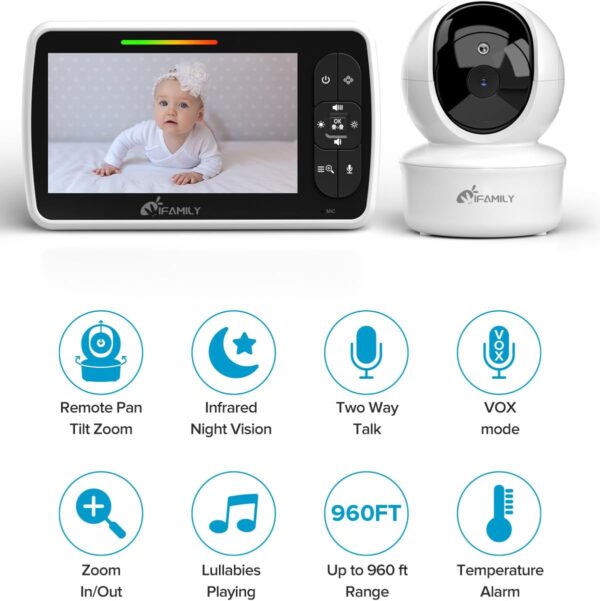 iFamily Baby Monitor - Large 5" Screen with 30Hrs Battery Life - Remote Pan-Tilt-Zoom;No WiFi, Two-Way Audio, Night Vision, Temperature, Lullabies, 960ft Long Range Baby Monitor with Camera and Audio - Image 3