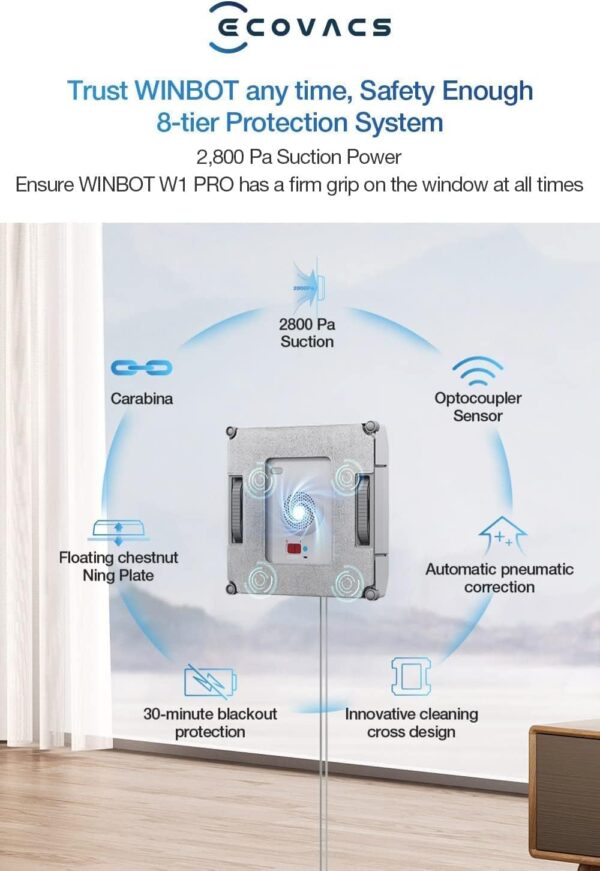 ECOVACS Winbot W1 Pro Window Cleaning Robot, Intelligent Cleaning with Dual Cross Water Spray Technology, Win SLAM 3.0 Path Planning, 2800Pa Suction Power, Edge Detection Technology, App Control,Grey - Image 6