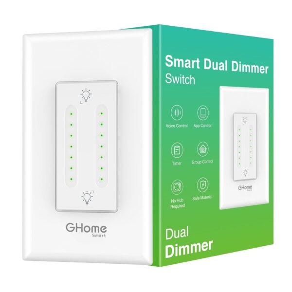 GHome Smart Dual Dimmer Switch, Space Saving, 2 in 1 Control , WiFi Smart Light Switch Compatible with Alexa and Google Home, Neutral Wire Required, Voice Control, Single-Pole(1 Pack) - Image 2