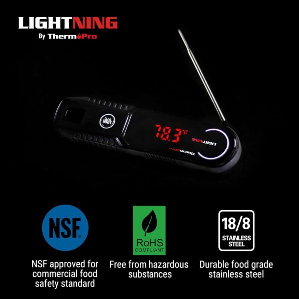 ThermoPro Lightning 1-Second Instant Read Meat Thermometer, Kitchen Food Thermometer with Auto Wake/Sleep/180° Rotating Display, Waterproof Cooking Thermometer for Oil Deep Fry Smoker BBQ Grill - Image 4