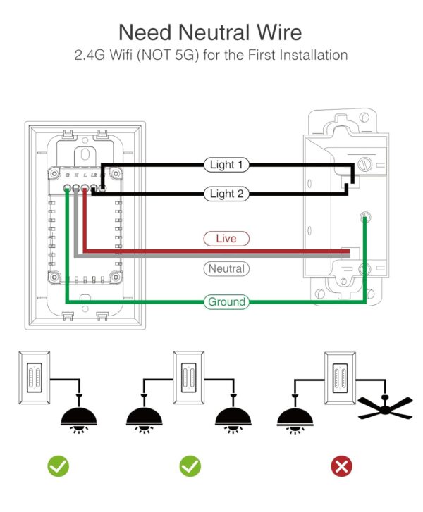 GHome Smart Dual Dimmer Switch, Space Saving, 2 in 1 Control , WiFi Smart Light Switch Compatible with Alexa and Google Home, Neutral Wire Required, Voice Control, Single-Pole(1 Pack) - Image 7